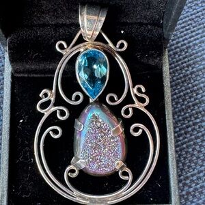 Vintage Sterling Silver Blue Aquamarine and Quartz Pendant